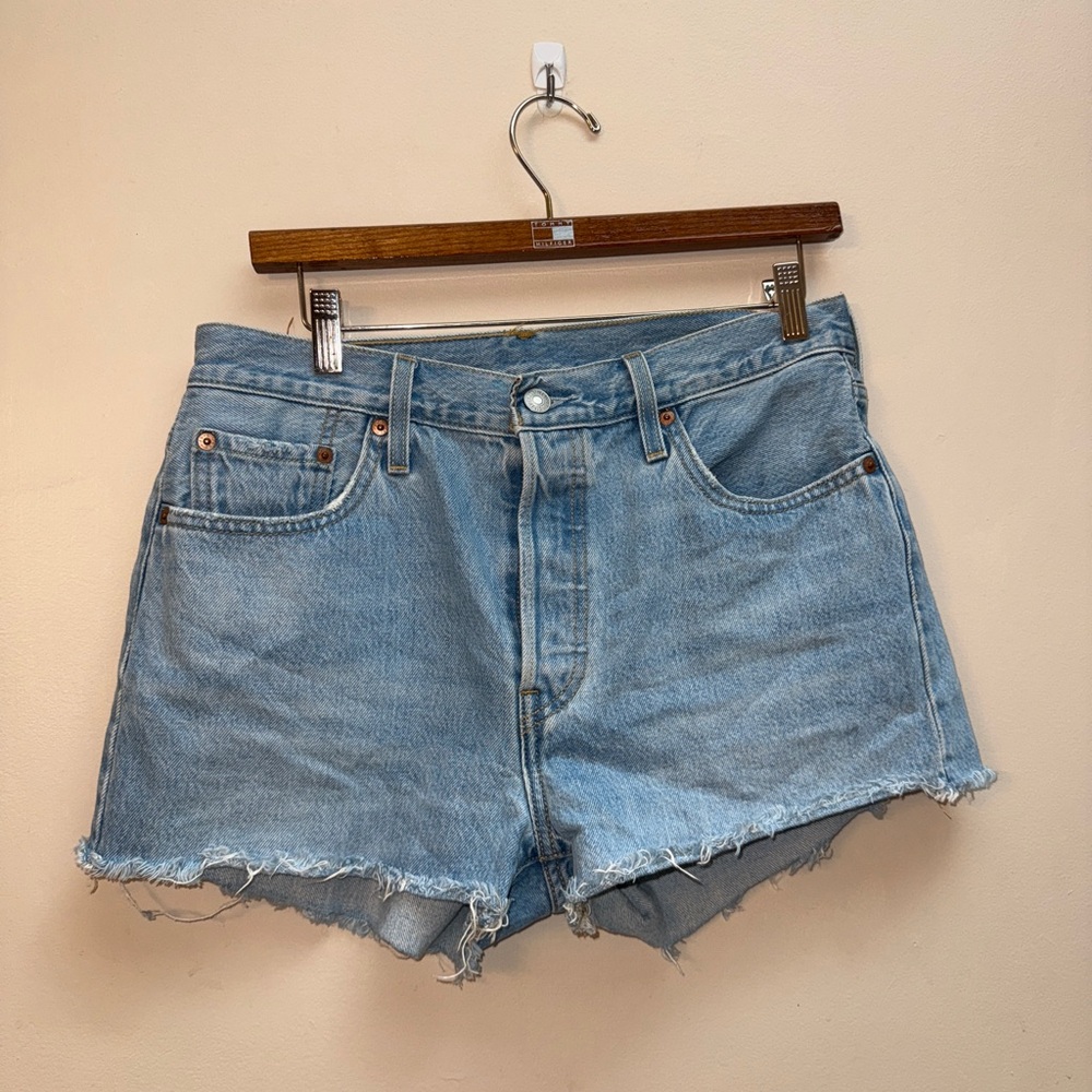 Levi's Button Fly 501 Blue Jean Shorts High-Waisted Frayed Hem
